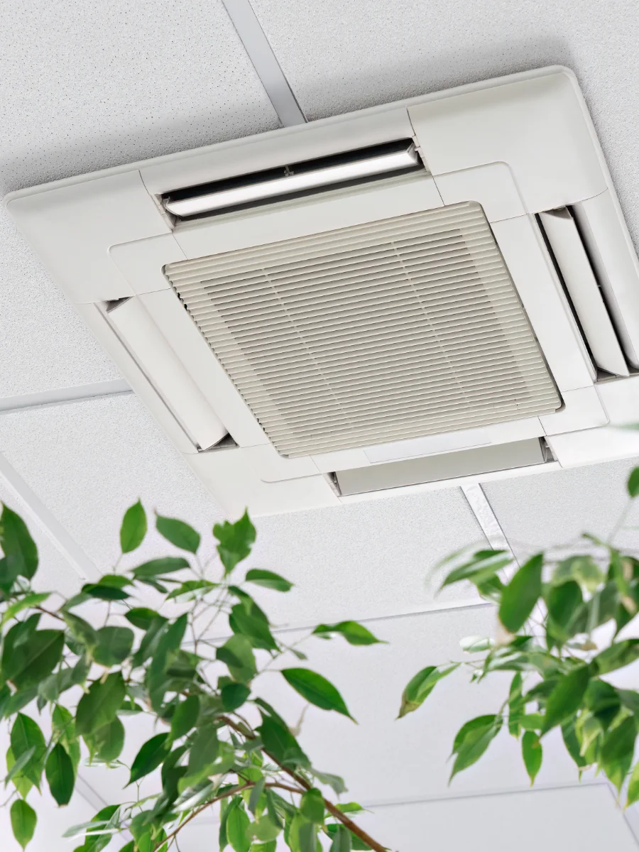 Deckenklimagerät in moderner Rasterdecke mit Pflanzen im Vordergrund